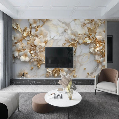 3D White Flowers Floral Golden Leaves Wallpaper Wall Mural Home Decor