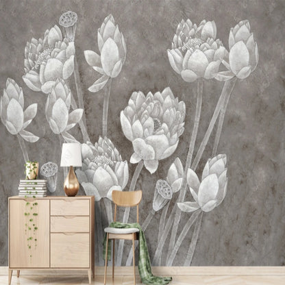 White Lotus Flowers Floral Wallpaper Wall Mural Home Decor