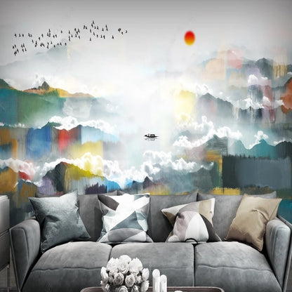 Ink Mountains with Flying Birds Wallpaper Wall Mural Home Decor