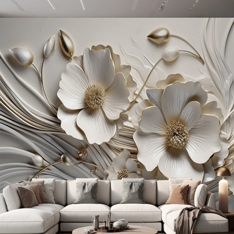 3D White Flowers Blossom Floral Wallpaper Wall Mural Home Decor