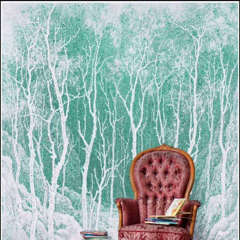 Green Background White Tree Forest Wallpaper Wall Mural Home Decor