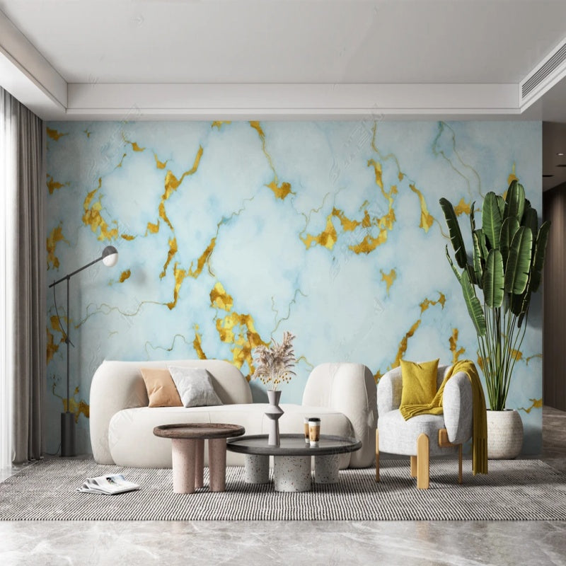 Simple Blue and Golden Marble Wallpaper Wall Mural Home Decor