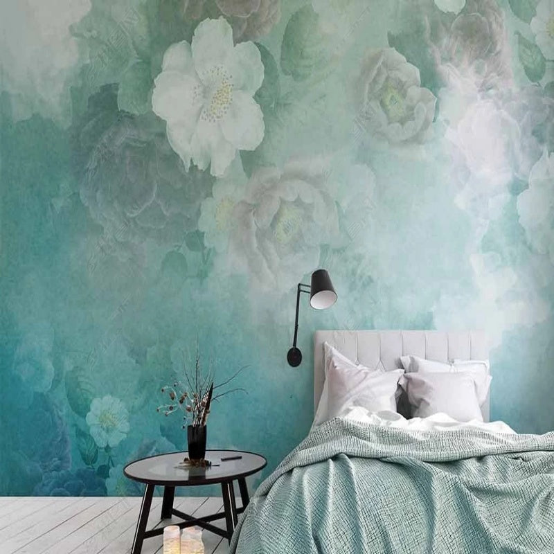 Green Background White Flowers Floral Wallpaper Wall Mural Home Decor