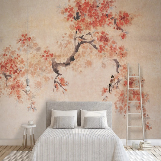 Chinoiserie Brushwork Coral Flower Tree Wallpaper Wall Mural Home Decor