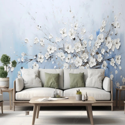 Chinoiserie Brushwork White Tree Flowers Cherry Blossom Wallpaper Wall Mural Home Decor