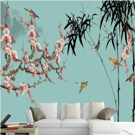 Chinoiserie Brushwork Hanging Plum Blossom with Birds Bamboo Wallpaper Wall Mural Home Decor