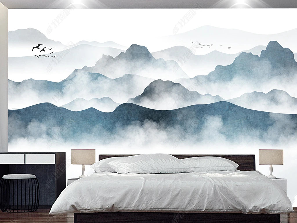 Ink Blue Mountains with Flying Birds Wallpaper Wall Mural Home Decor