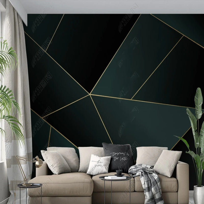 Dark Green Geometric Golden Lines Wallpaper Wall Mural Home Decor