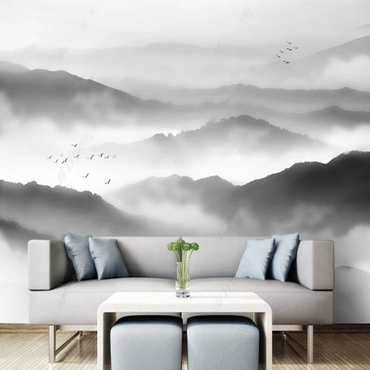 Grey Mountains Nature Landscape with Flying Birds Wallpaper Wall Mural Wall Covering