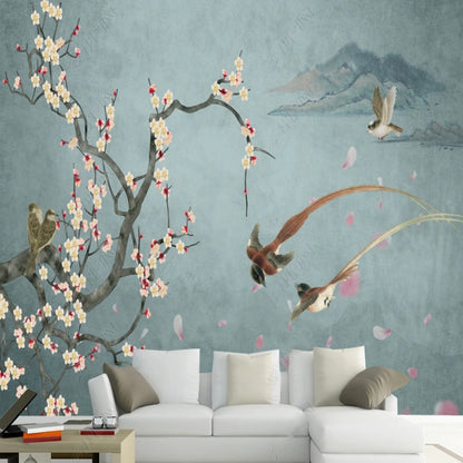 Chinoiserie Brushwork Hanging Plum Blossom with Birds Wallpaper Wall Mural Home Decor