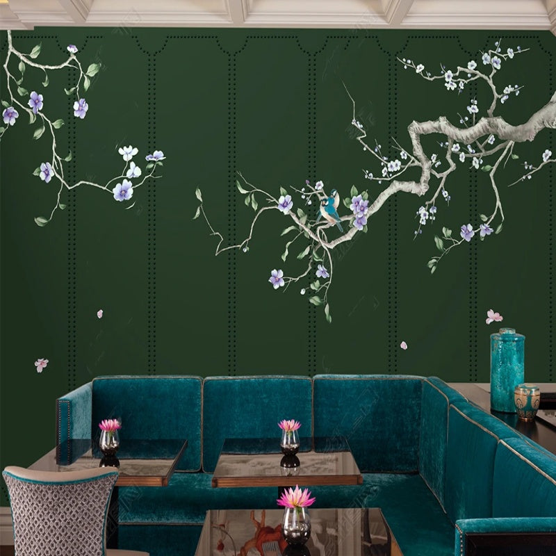 Chinoiserie Brushwrok Hanging Cherry Blossom with Birds Wallpaper Wall Mural Home Decor