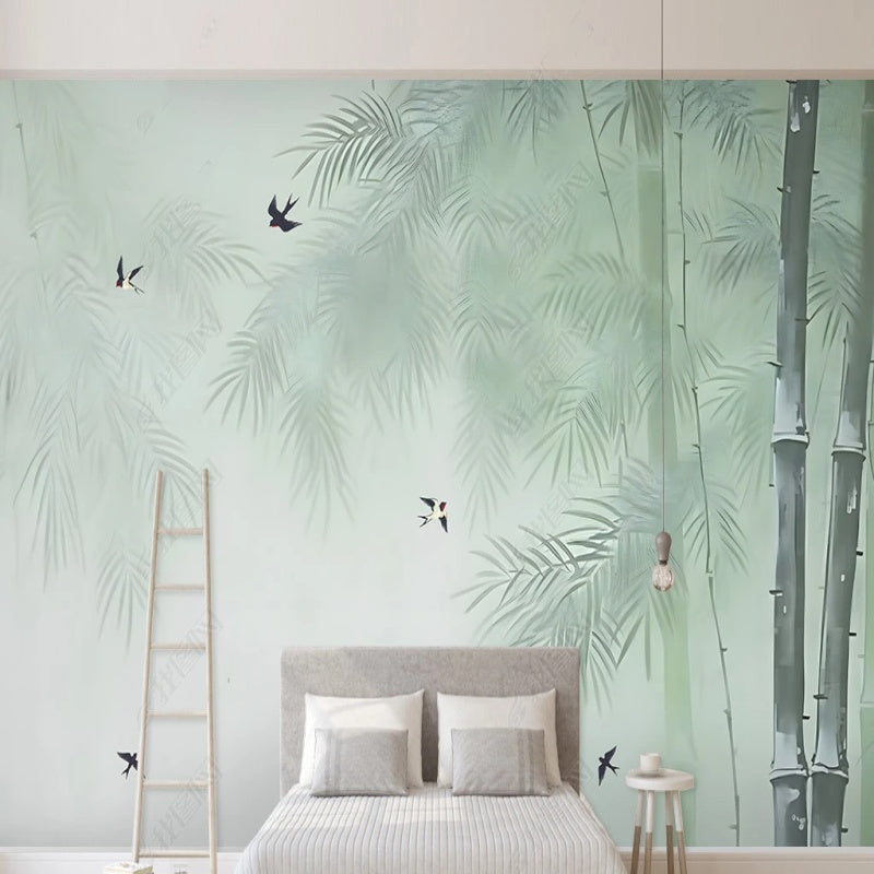 Chinoiserie Brushwork Bamboo with Flying Birds Wallpaper Wall Mural Wall Covering