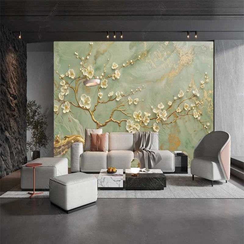 Chinoiserie Brushwork Plum Blossom Mint Green Background Wallpaper Wall Mural Home Decor