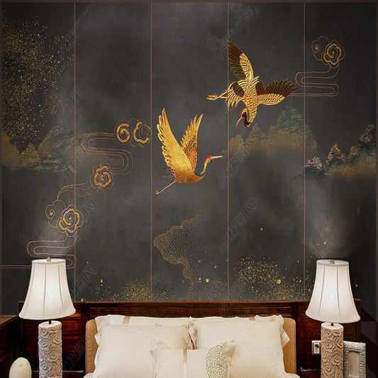 Chinoiserie Brushwork Flying Golden Cranes with Clouds Wallpaper Wall Mural Wall Covering Home Decor