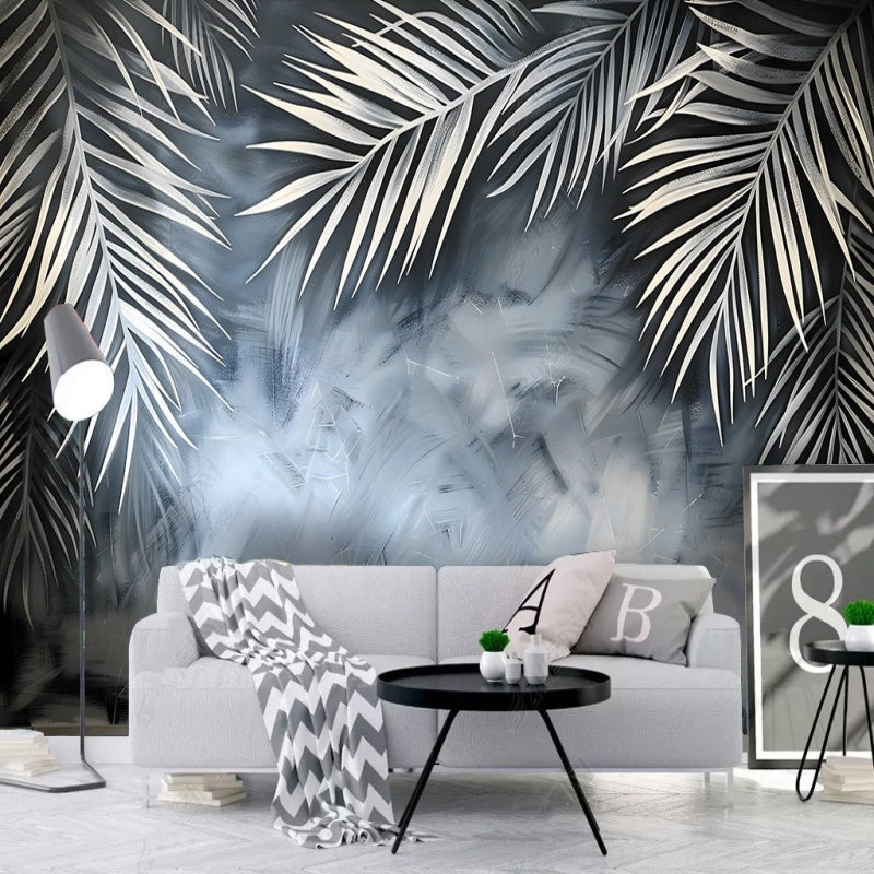 Tropical Palm Leaf Plants Grey Background Wallpaper Wall Mural Home Decor