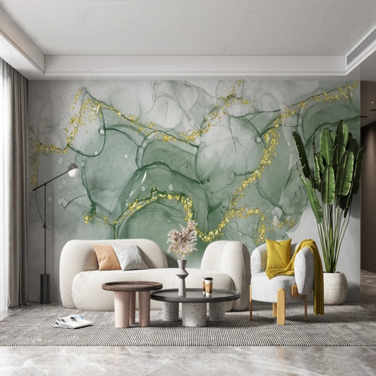 Simple Green and Golden Marble Wallpaper Wall Mural Home Decor