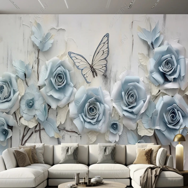 Hanging Blue Rose Flowers Floral with Butterfly Wallpaper Wall Mural Home Decor