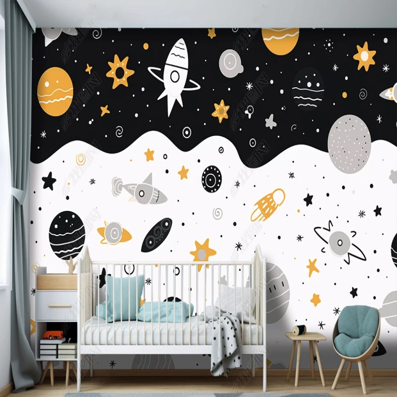 Cartoon Space and Rockets Nrusery Wallpaper Wall Mural Wall Covering Home Decor