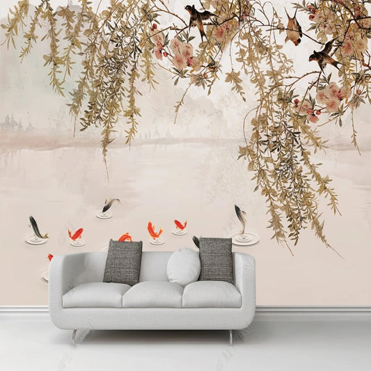 Chinoiserie Brushwork Haning Willow Branches with Swallows Wallpaper Wall Mural Home Decor