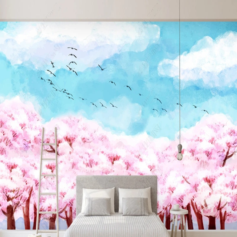 Pink Tree Flowers with Sky Blue Nature Landscape Wallpaper Wall Mural Wall Covering