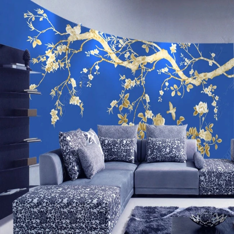 Chinoiserie Brushwork Peony Flower Tree with Birds Wallpaper Wall Mural Home Decor