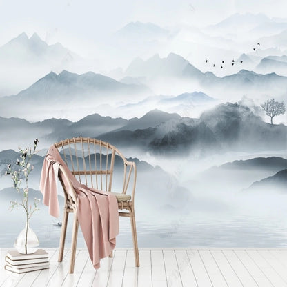 Grey Mountains with Flying Birds Nature Landscape Wallpaper Wall Mural Home Decor