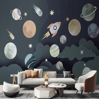 Cartoon Planets and Rocket Space Universe Nursery Wallpaper Wall Mural Wall Covering