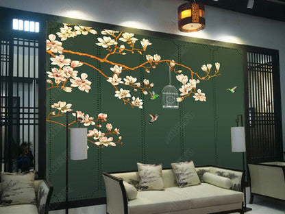 Chinoiserie Brushwrok Hanging Magnolia Blossom with Birds Wallpaper Wall Mural Home Decor