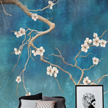 Chinoiserie Brushwrok Magnolia Tree with Birds Green Background Wallpaper Wall Mural Wall Covering Home Decor