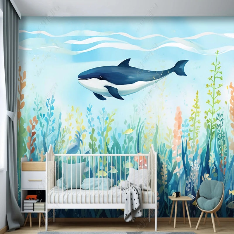 Cartoon Seaworld Big Shark and Water Plants Nursery Wallpaper Wall Mural Wall Covering Home Decor