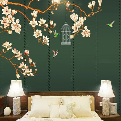 Chinoiserie Brushwrok Hanging Magnolia Blossom with Birds Wallpaper Wall Mural Home Decor