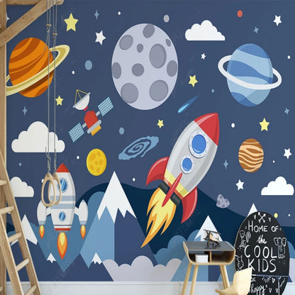 Cartoon Blue Planets Stars and Rocket Nursery Wallpaper Wall Mural Home Decor