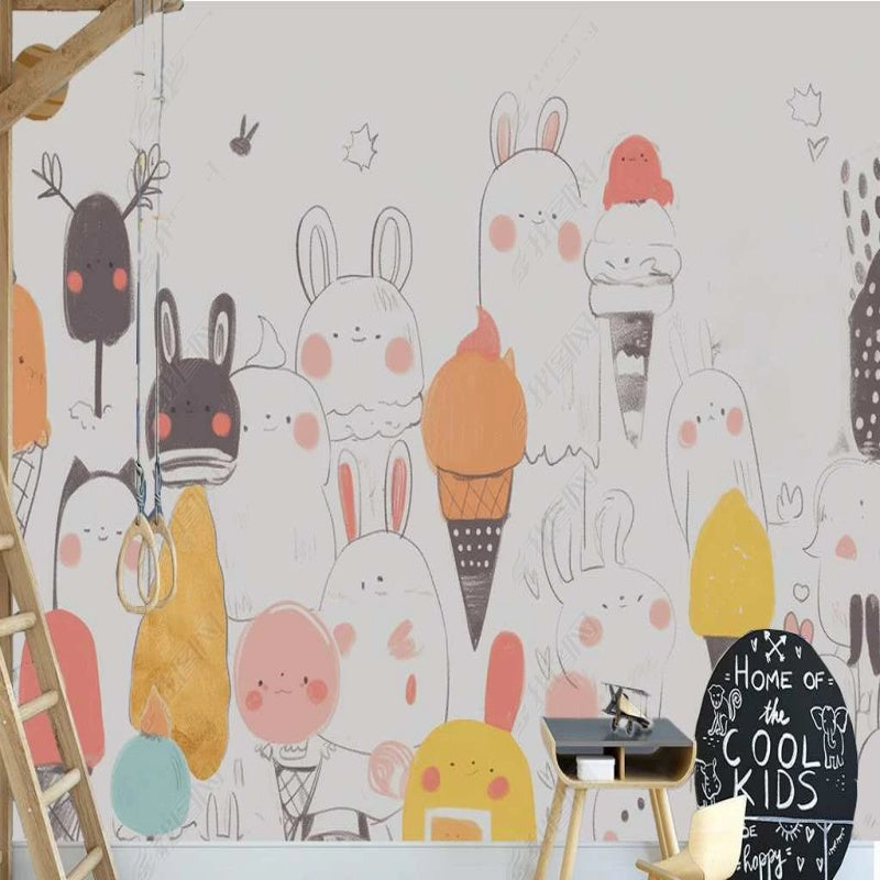 Cartoon Ice Cream and Lovely Rabbits Nursery Wallpaper Wall Mural Home Decor