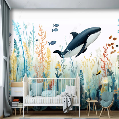 Cartoon Seaworld Big Shark and Water Plants Nursery Wallpaper Wall Mural Wall Covering Home Decor