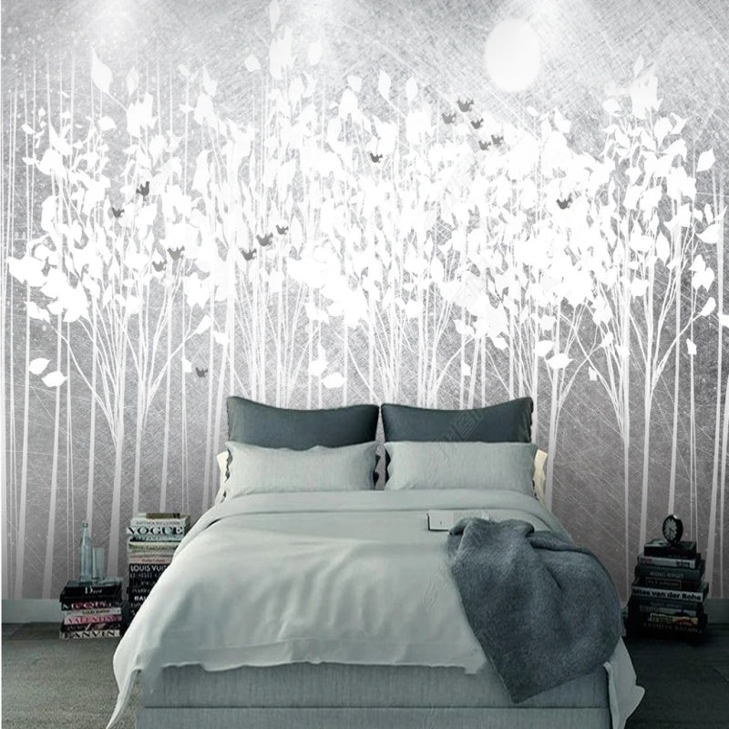 Winter White Tree Forest with Flying Birds Wallpaper Wall Mural Home Decor