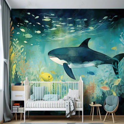 Cartoon Seaworld Big Shark and Water Plants Nursery Wallpaper Wall Mural Wall Covering Home Decor