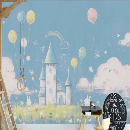 Cartoon Colorful Ho-air Balloons and Castle with White Clouds Nursery Wallpaper Wall Mural Home Decor