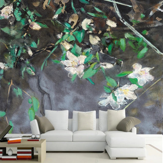 Oil Painting White Flowers with Green Leaves Wallpaper Wall Mural Home Decor