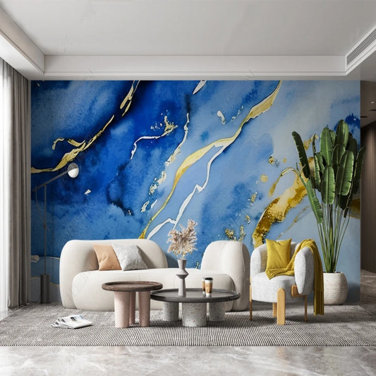 Simple Blue and Gold Marble Wallpaper Wall Mural Home Decor
