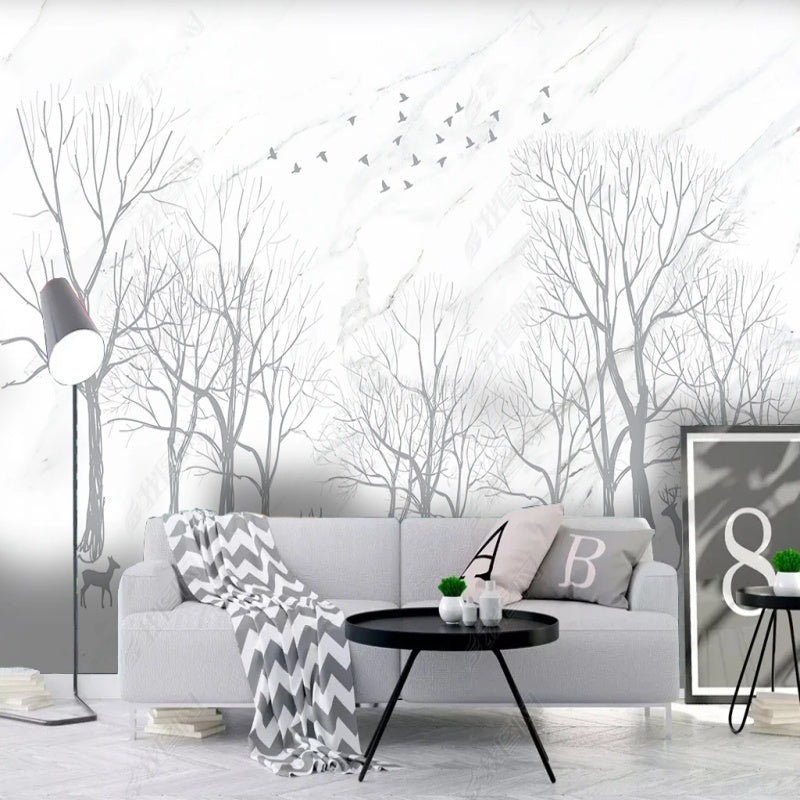 Grey Tree Forest with Flying Birds Wallpaper Wall Mural Home Decor