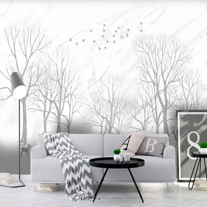 Grey Tree Forest with Flying Birds Wallpaper Wall Mural Home Decor