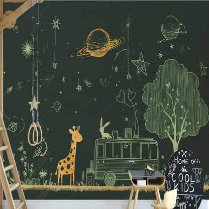 Cartoon Night Giraffe Trees Sky Nursery Wallpaper Wall Mural Home Decor